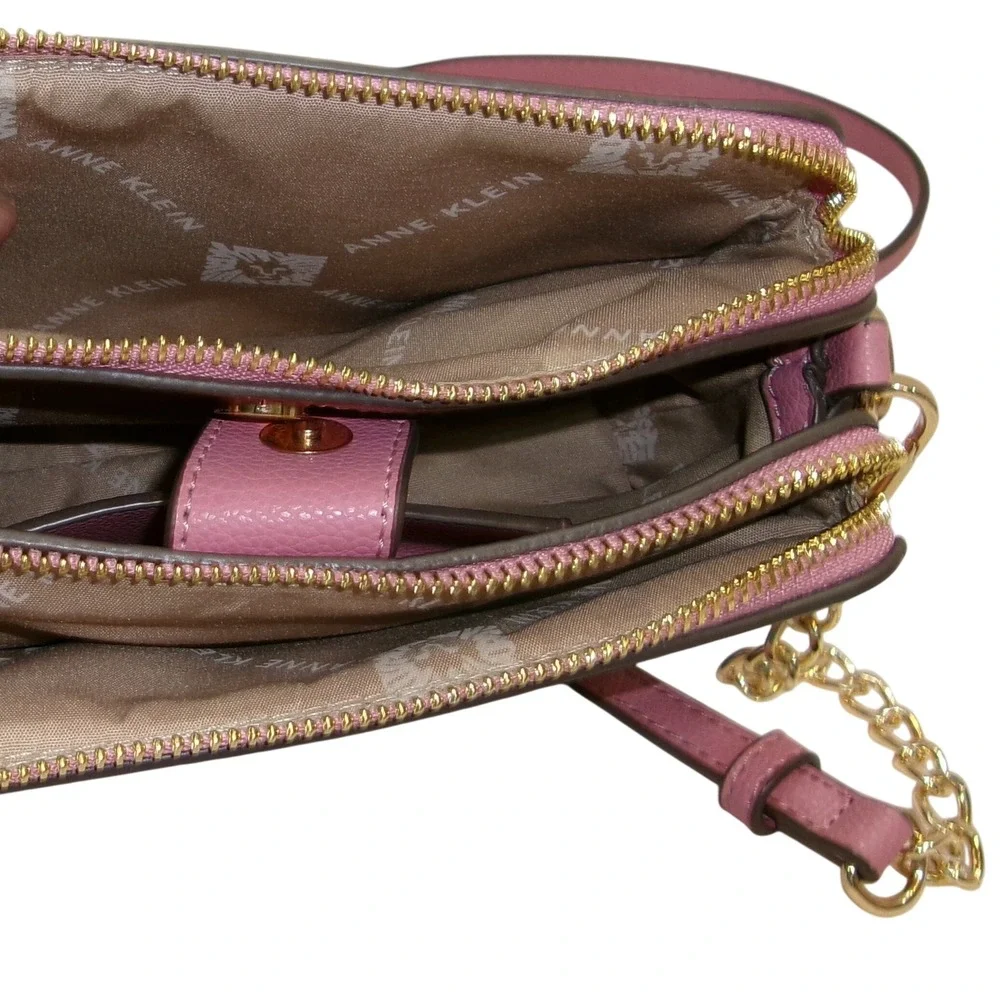 Anne Klein Pink Faux Leather Cork Crossbody Bag Gold Chain Triple Compartment